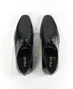PRADA - Patent Leather Cap Toe Spazzolato Oxfords With Logo Inset Heel - 9.5