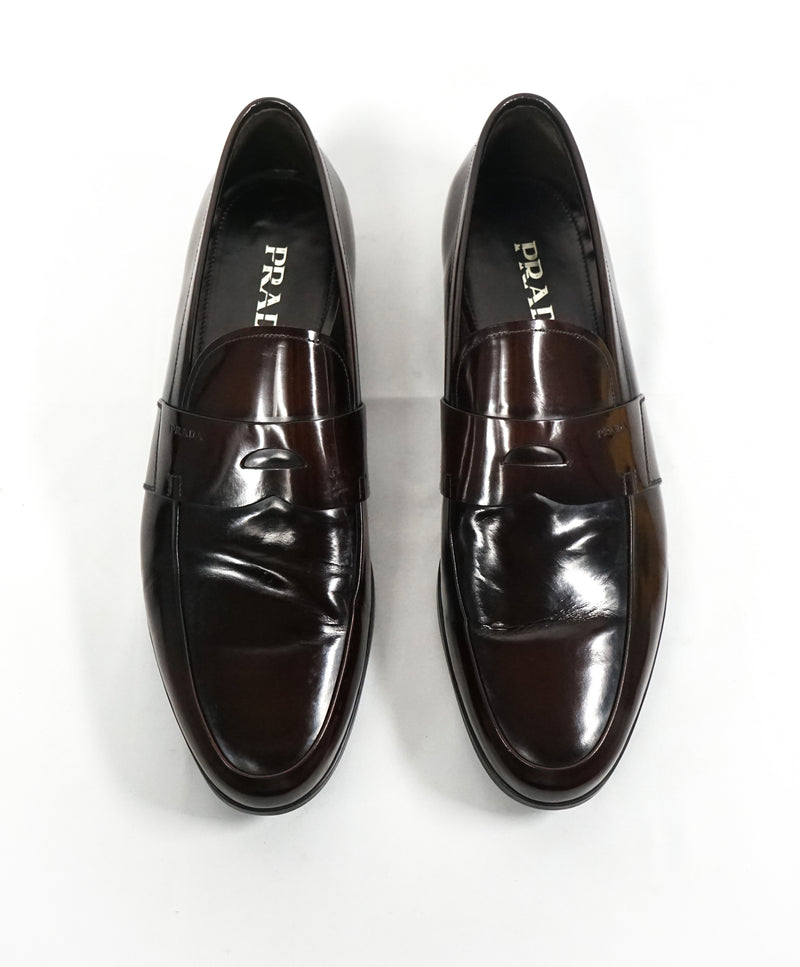 PRADA - Patent Leather Brown Spazzolato Penny Loafer With Heel - 12