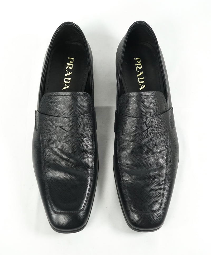 PRADA - Asymmetrical Saffiano Leather Logo Penny Loafers Black - 11US