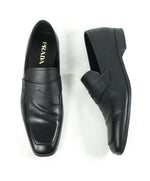 PRADA - Asymmetrical Saffiano Leather Logo Penny Loafers Black - 11US