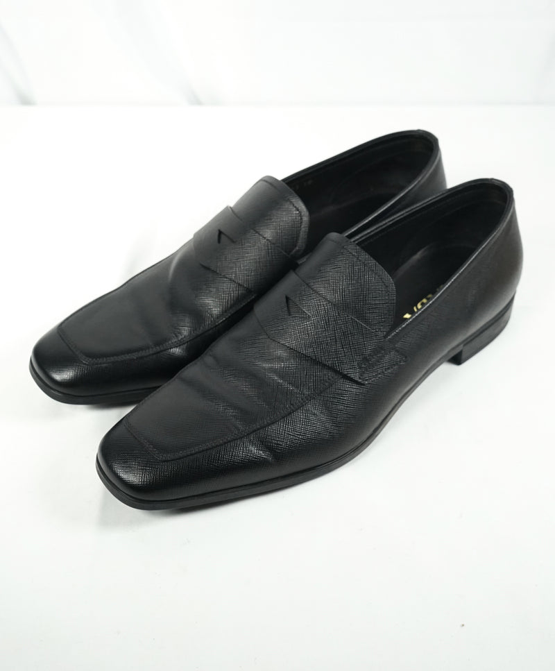 PRADA - Asymmetrical Saffiano Leather Logo Penny Loafers Black - 11US