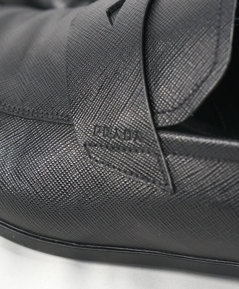 PRADA - Asymmetrical Saffiano Leather Logo Penny Loafers Black - 11US