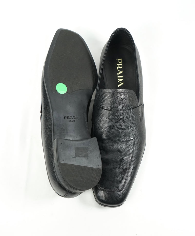 PRADA - Asymmetrical Saffiano Leather Logo Penny Loafers Black - 11US