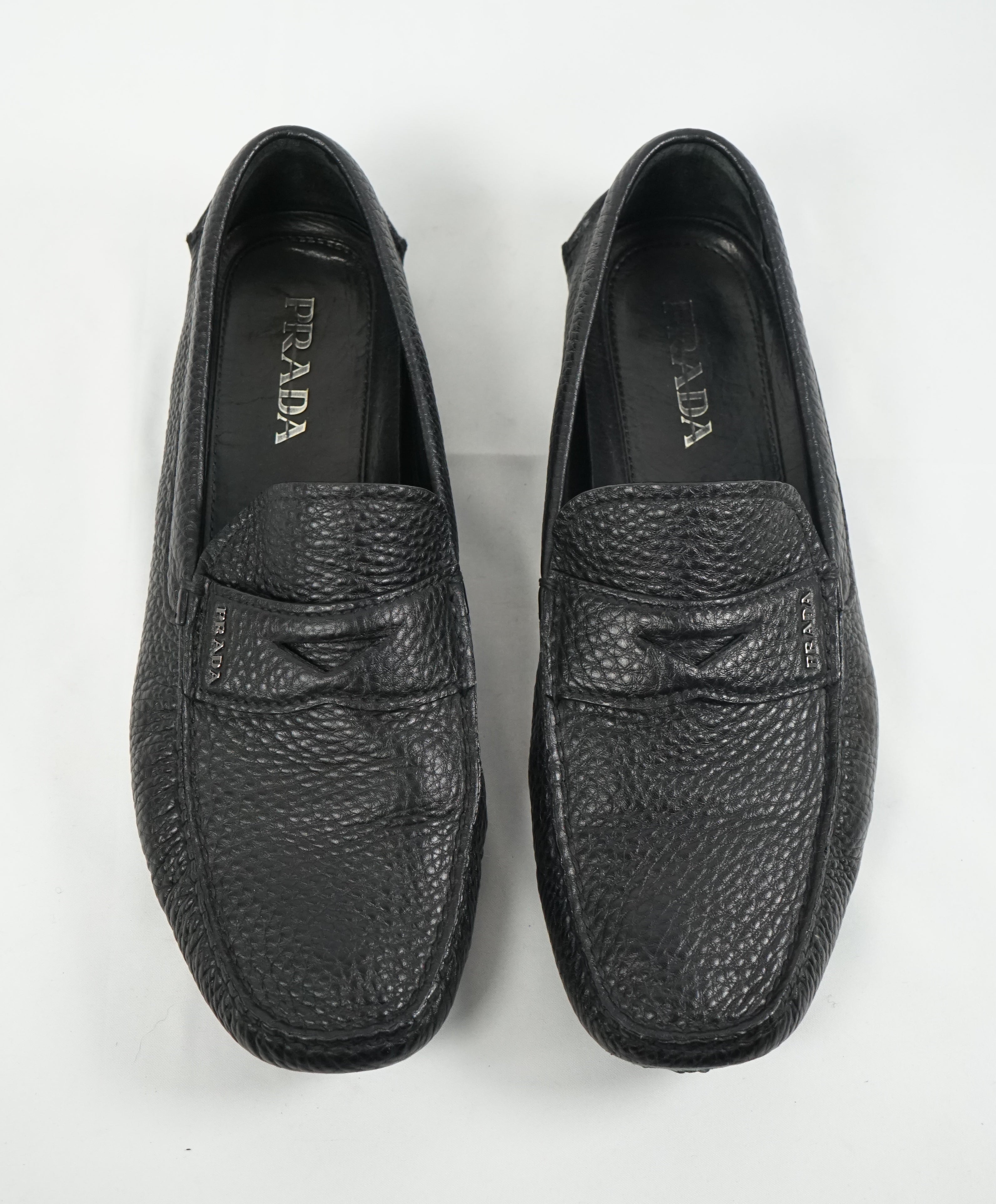 PRADA - Black Pebbled Leather Penny Loafers W Silver Logo - 11