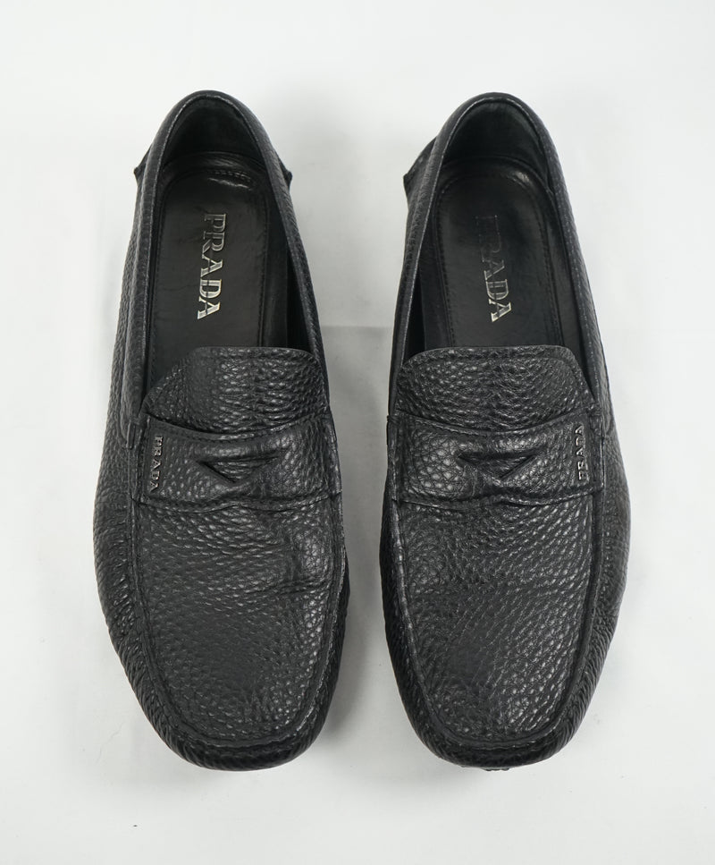 PRADA - Black Pebbled Leather Penny Loafers W Silver Logo - 11