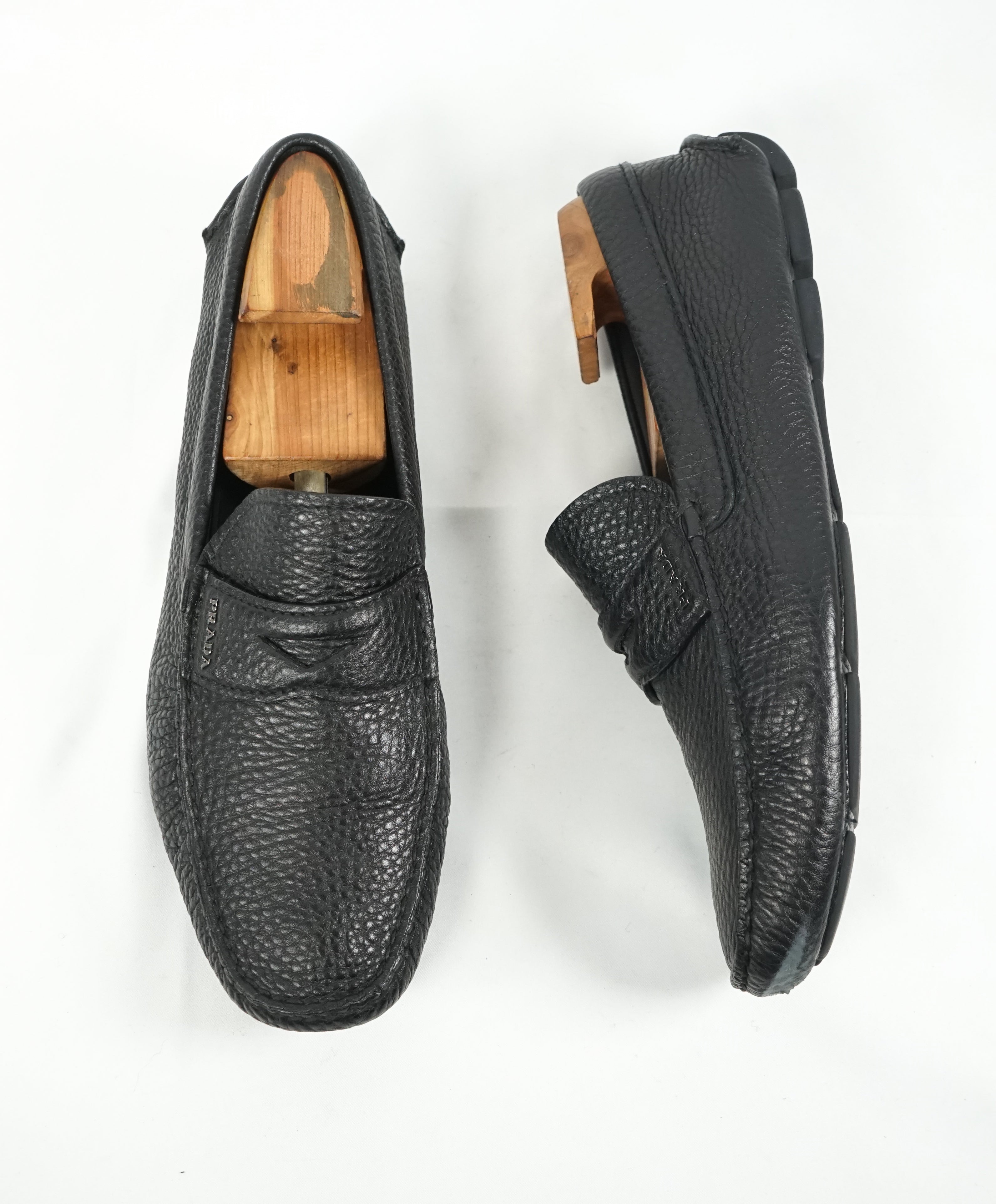 PRADA - Black Pebbled Leather Penny Loafers W Silver Logo - 11