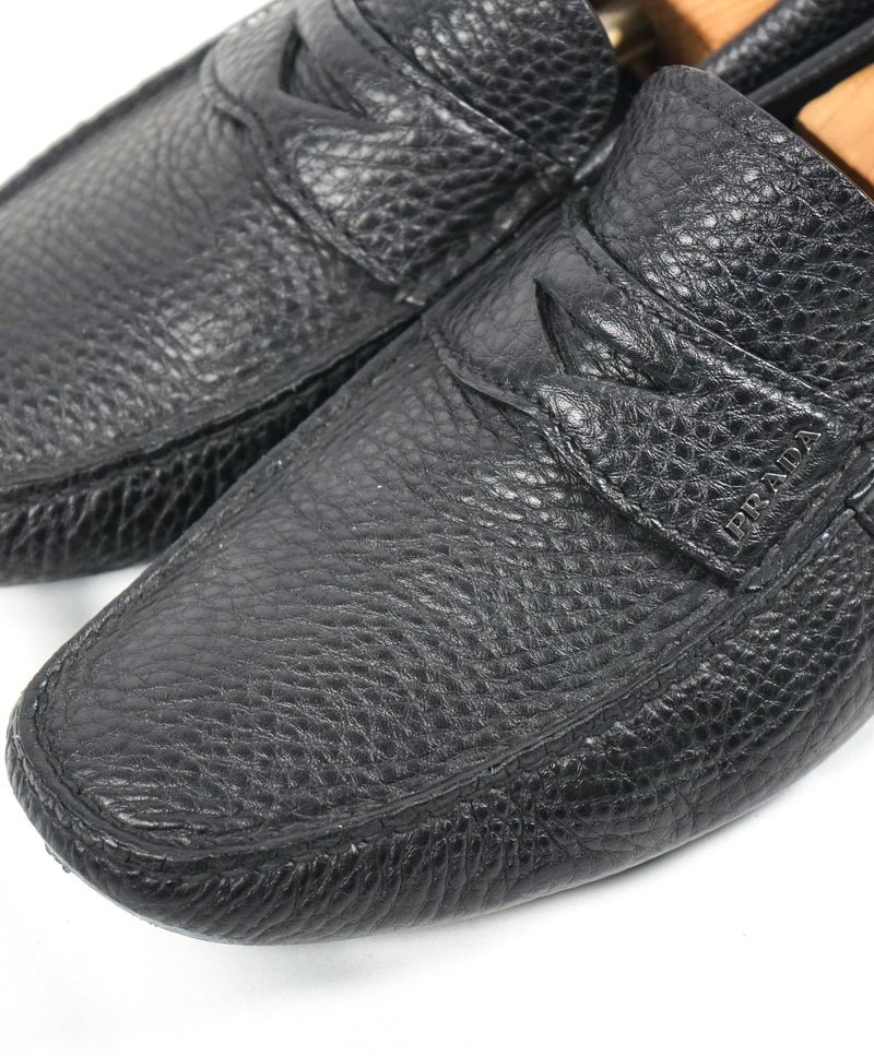 PRADA - Black Pebbled Leather Penny Loafers W Silver Logo - 11