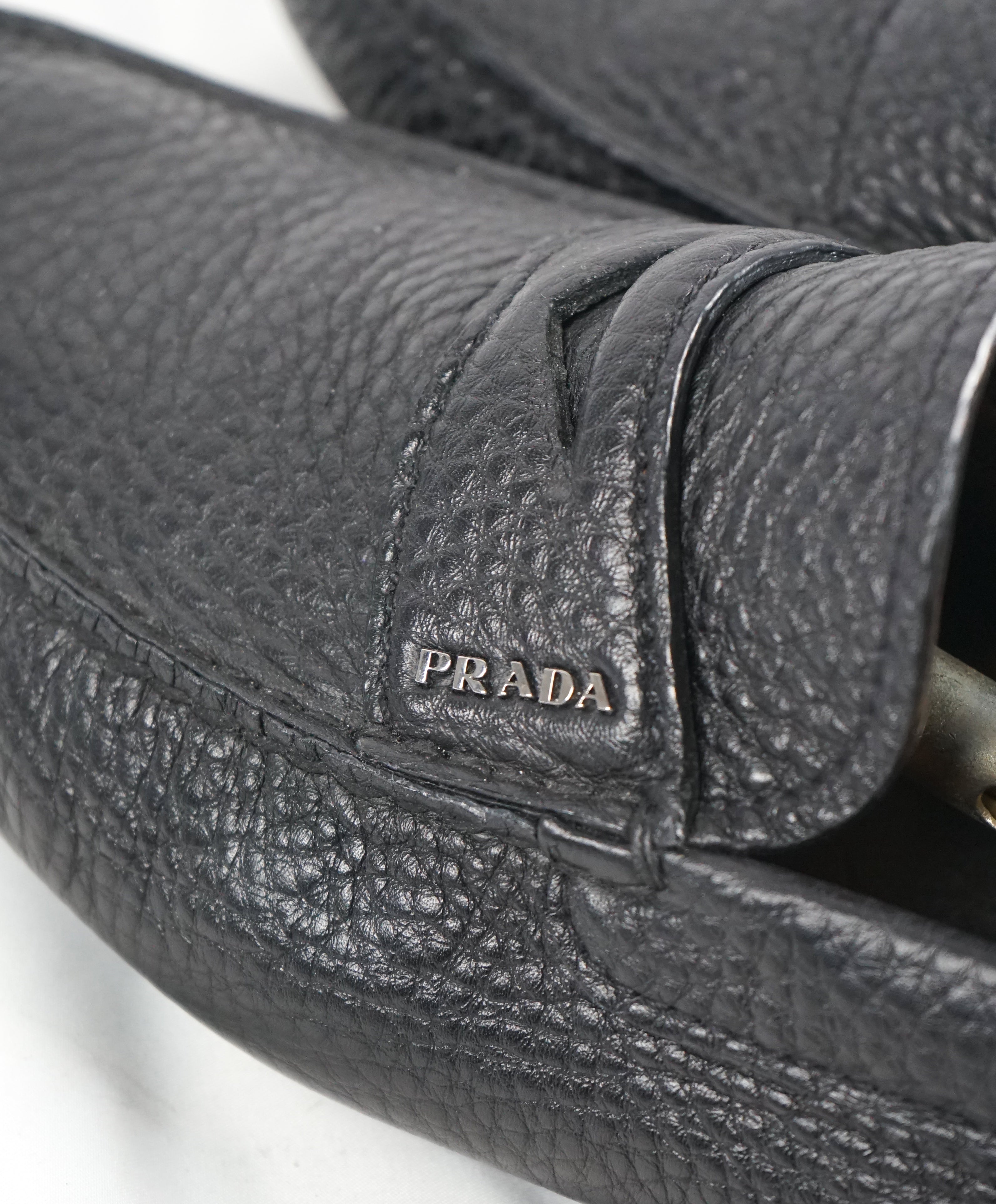 PRADA - Black Pebbled Leather Penny Loafers W Silver Logo - 11