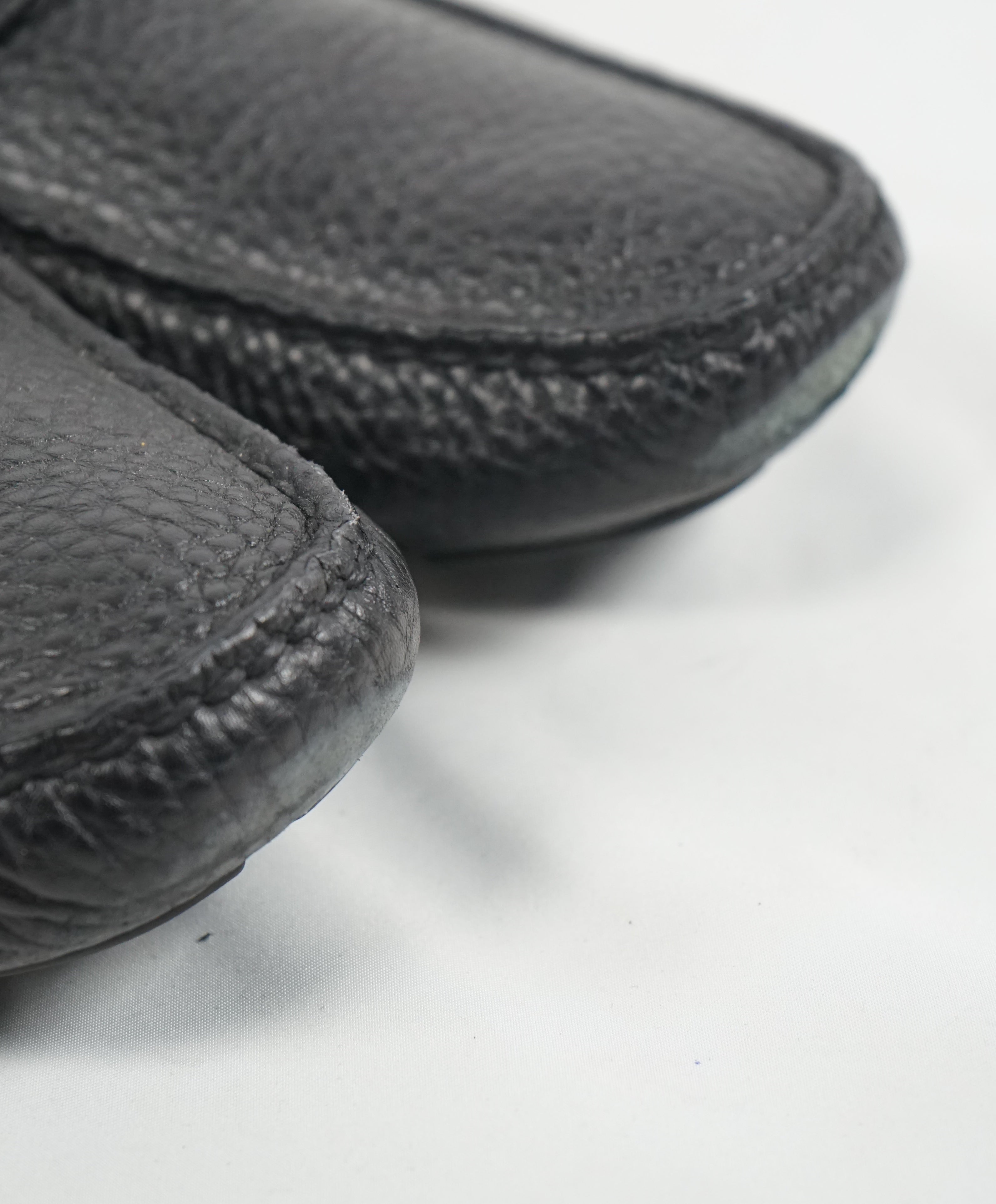 PRADA - Black Pebbled Leather Penny Loafers W Silver Logo - 11
