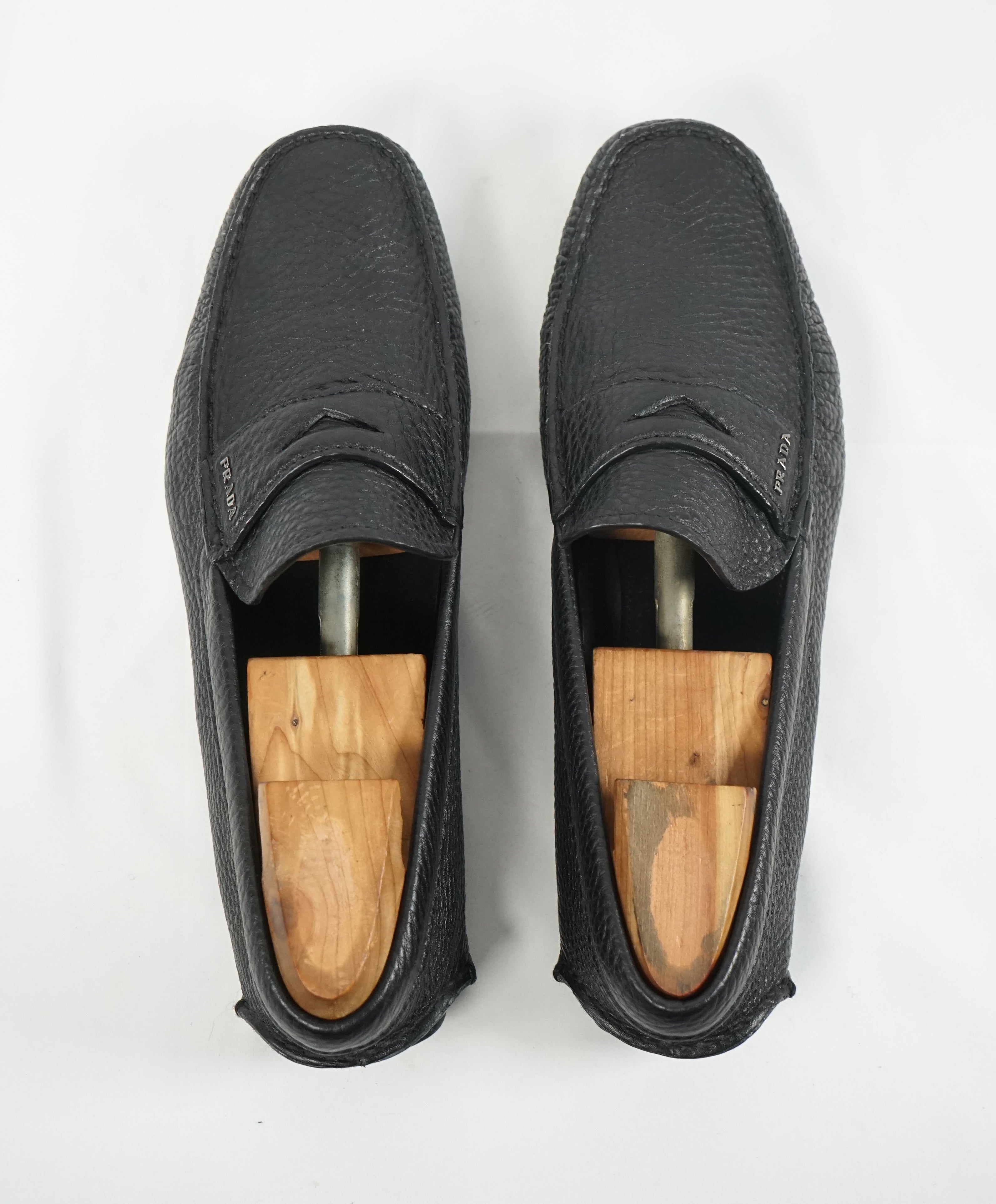 PRADA - Black Pebbled Leather Penny Loafers W Silver Logo - 11