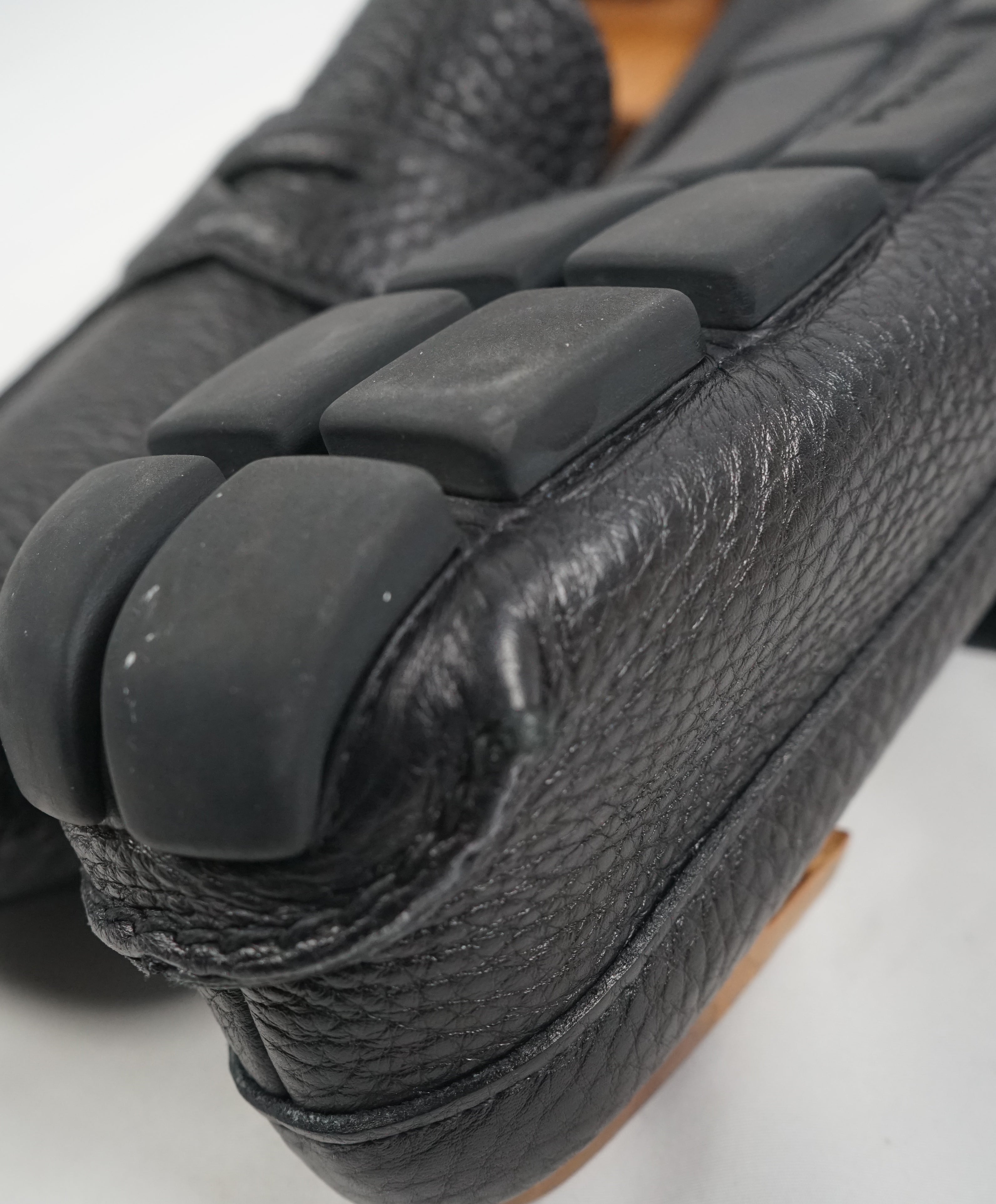 PRADA - Black Pebbled Leather Penny Loafers W Silver Logo - 11