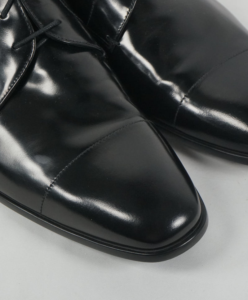 PRADA - Patent Leather Cap Toe Spazzolato Oxfords With Logo Inset Heel - 12