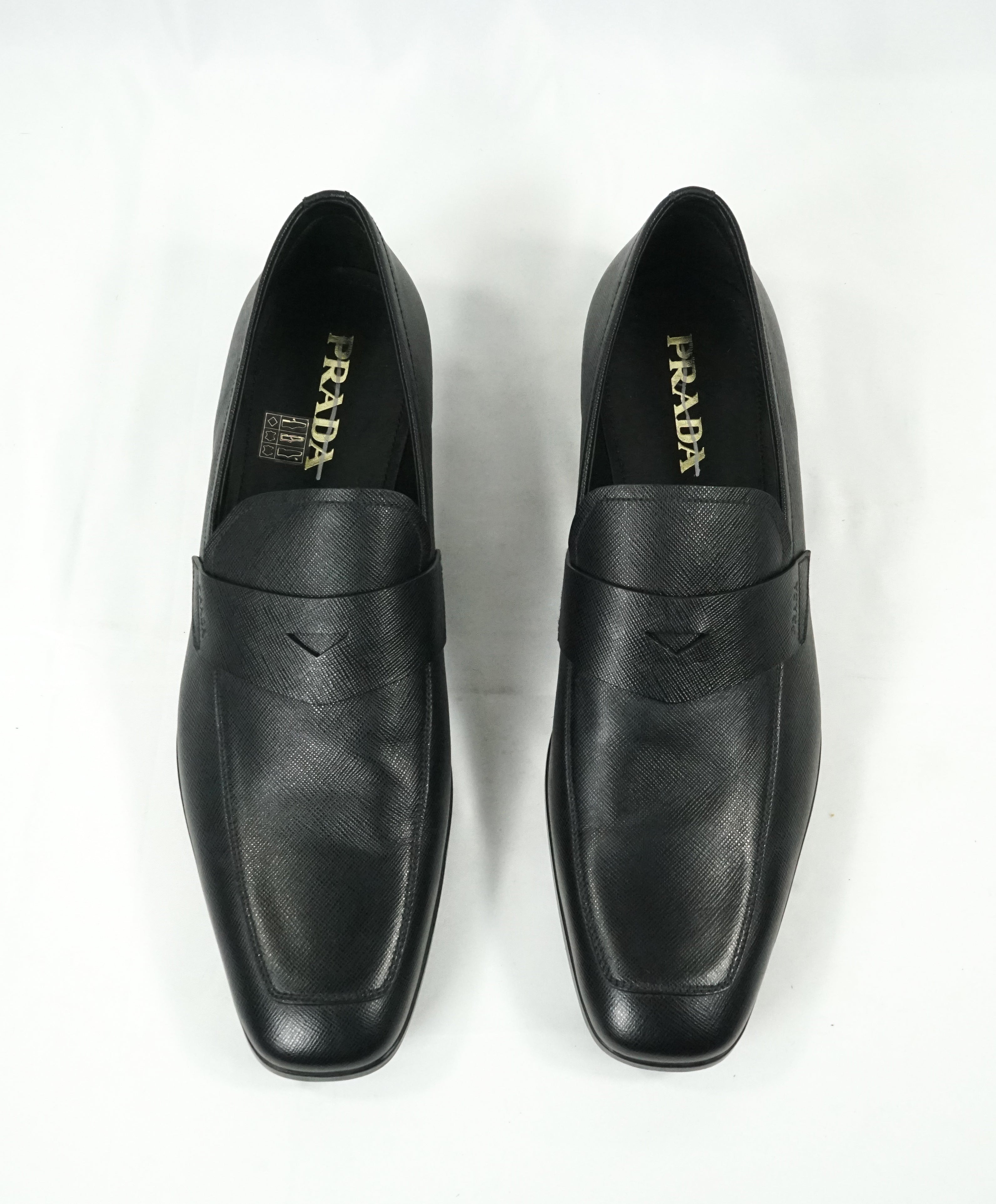 PRADA - Asymmetrical Saffiano Leather Logo Penny Loafers Black - 12US