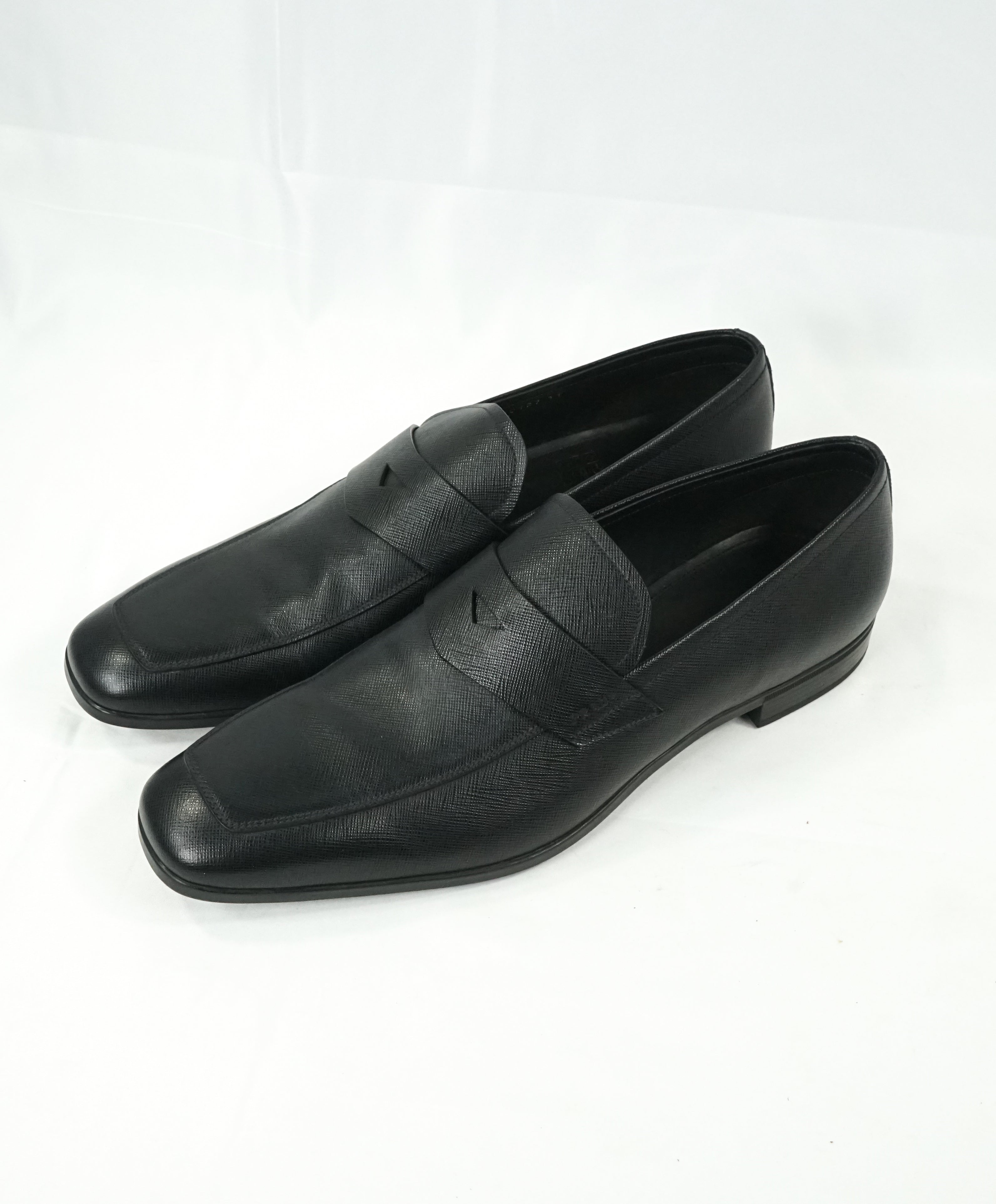 PRADA - Asymmetrical Saffiano Leather Logo Penny Loafers Black - 12US