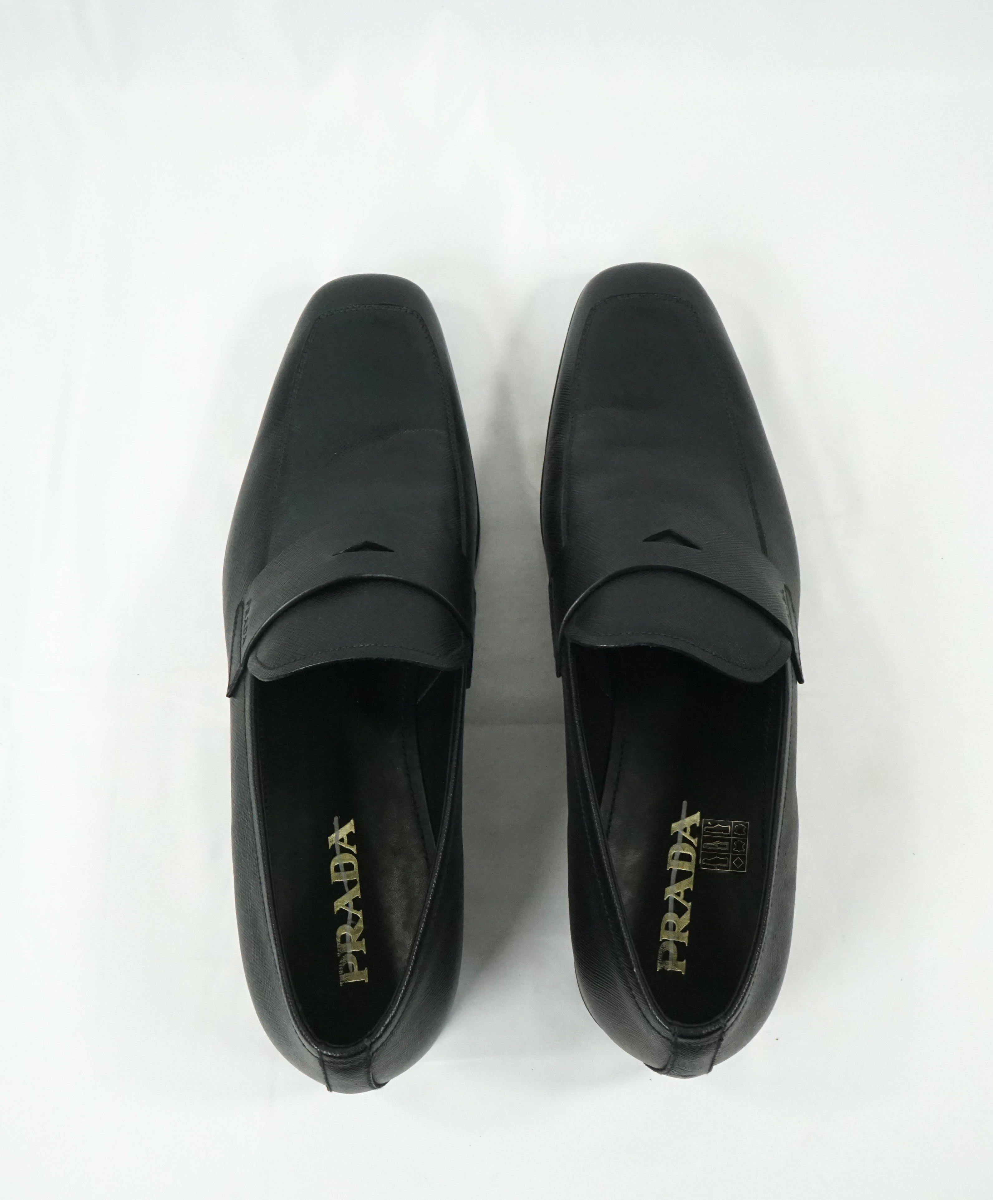 PRADA - Asymmetrical Saffiano Leather Logo Penny Loafers Black - 12US