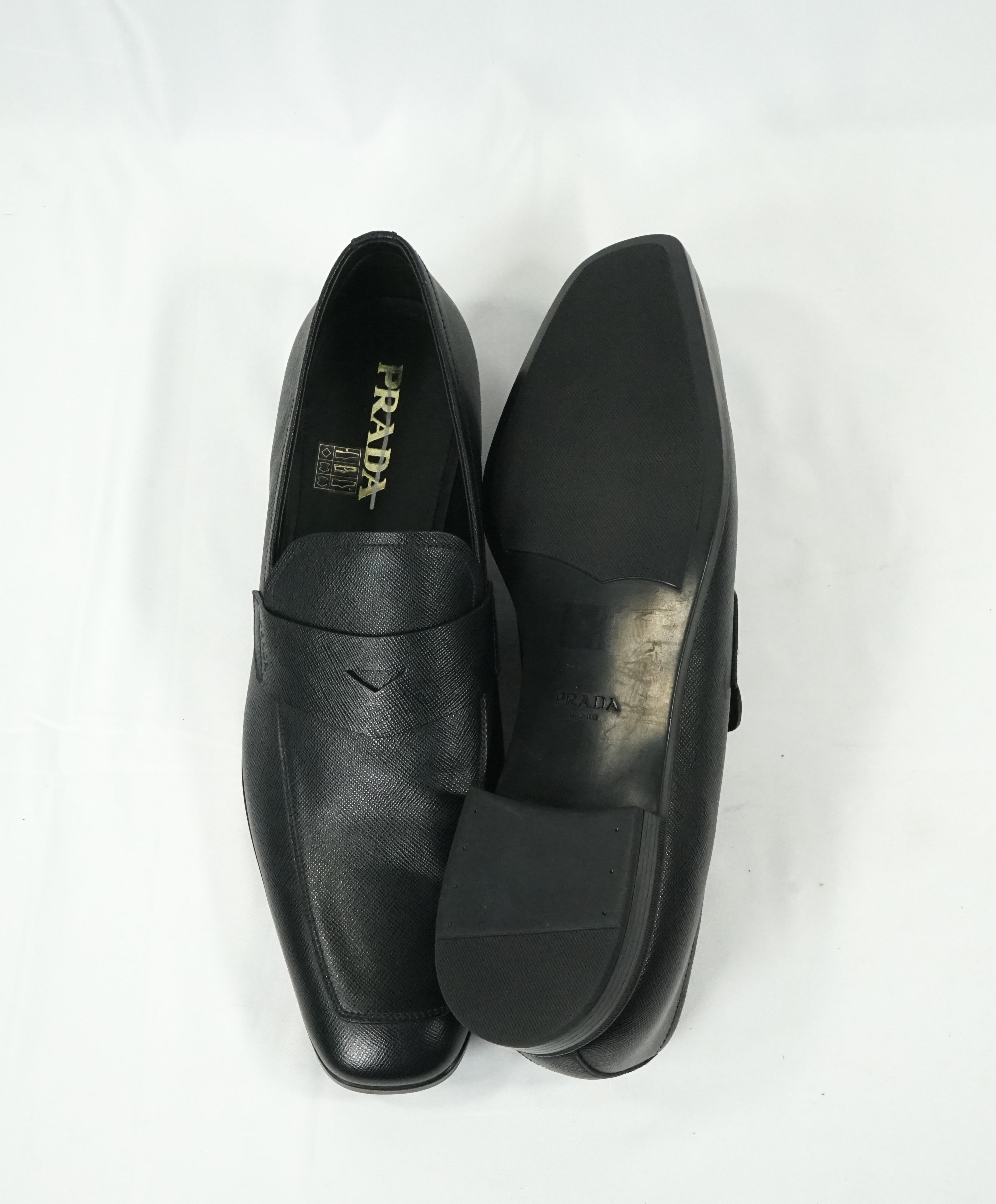 PRADA - Asymmetrical Saffiano Leather Logo Penny Loafers Black - 12US