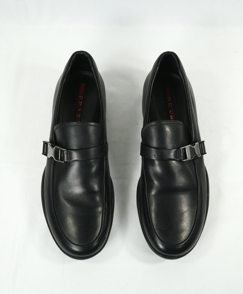 PRADA - Linea Rossa Engraved Logo Buckle Loafers  - 10.5