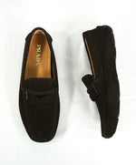 PRADA - Brown Suede Penny Loafers With Silver Logo Lettering - 8.5