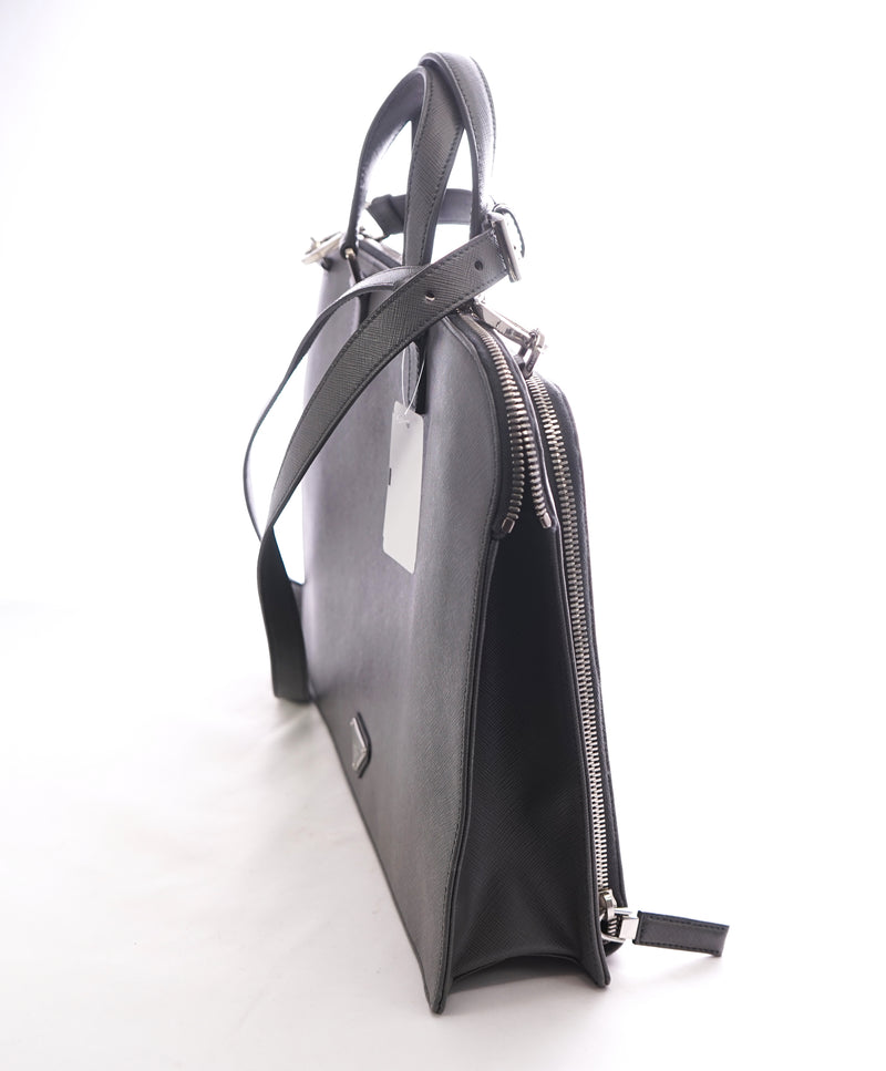 PRADA - "BALTICO" Gray Saffiano Leather Briefcase Bag With Strap -