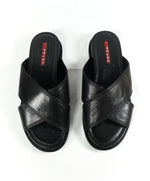 PRADA - Linea Rossa Black Crisscross Raised Leather Slide Sandals - 8.5