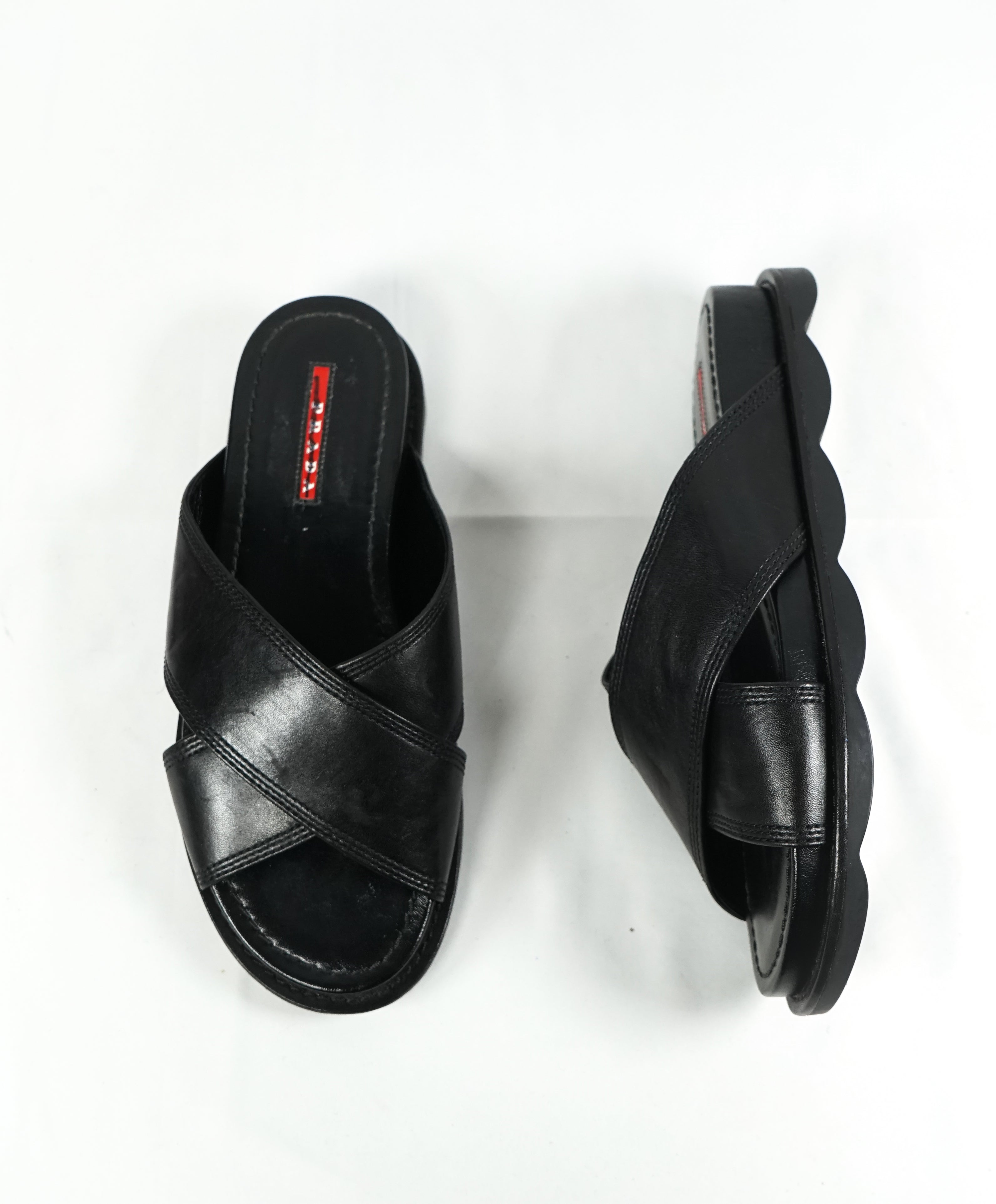 PRADA - Linea Rossa Black Crisscross Raised Leather Slide Sandals - 8.5