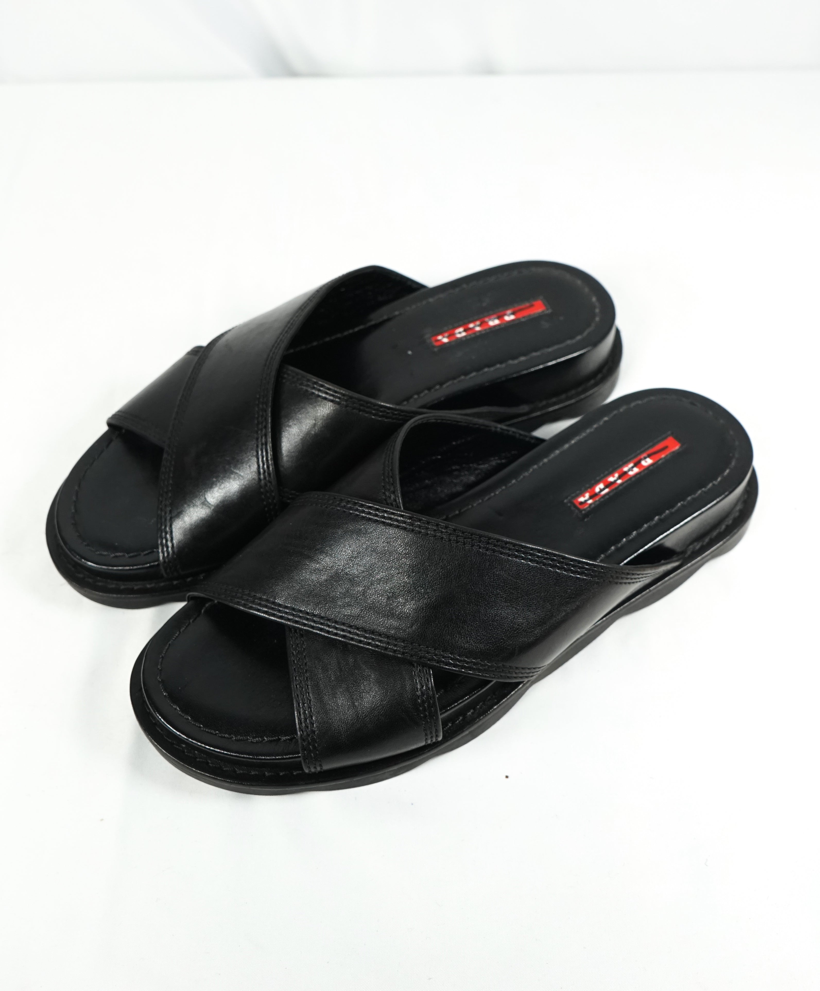 PRADA - Linea Rossa Black Crisscross Raised Leather Slide Sandals - 8.5