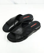 PRADA - Linea Rossa Black Crisscross Raised Leather Slide Sandals - 8.5