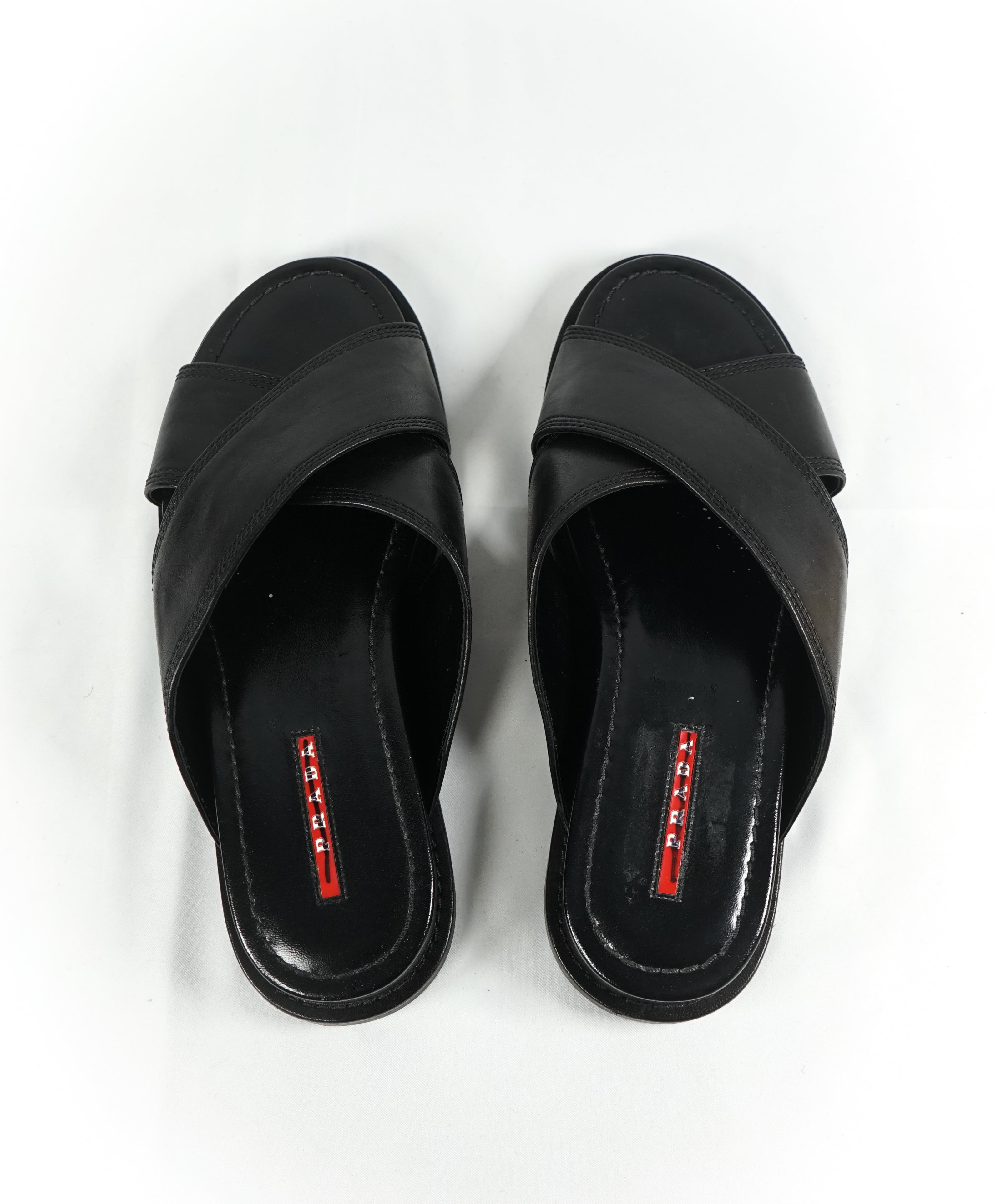 PRADA - Linea Rossa Black Crisscross Raised Leather Slide Sandals - 8.5