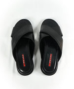 PRADA - Linea Rossa Black Crisscross Raised Leather Slide Sandals - 8.5