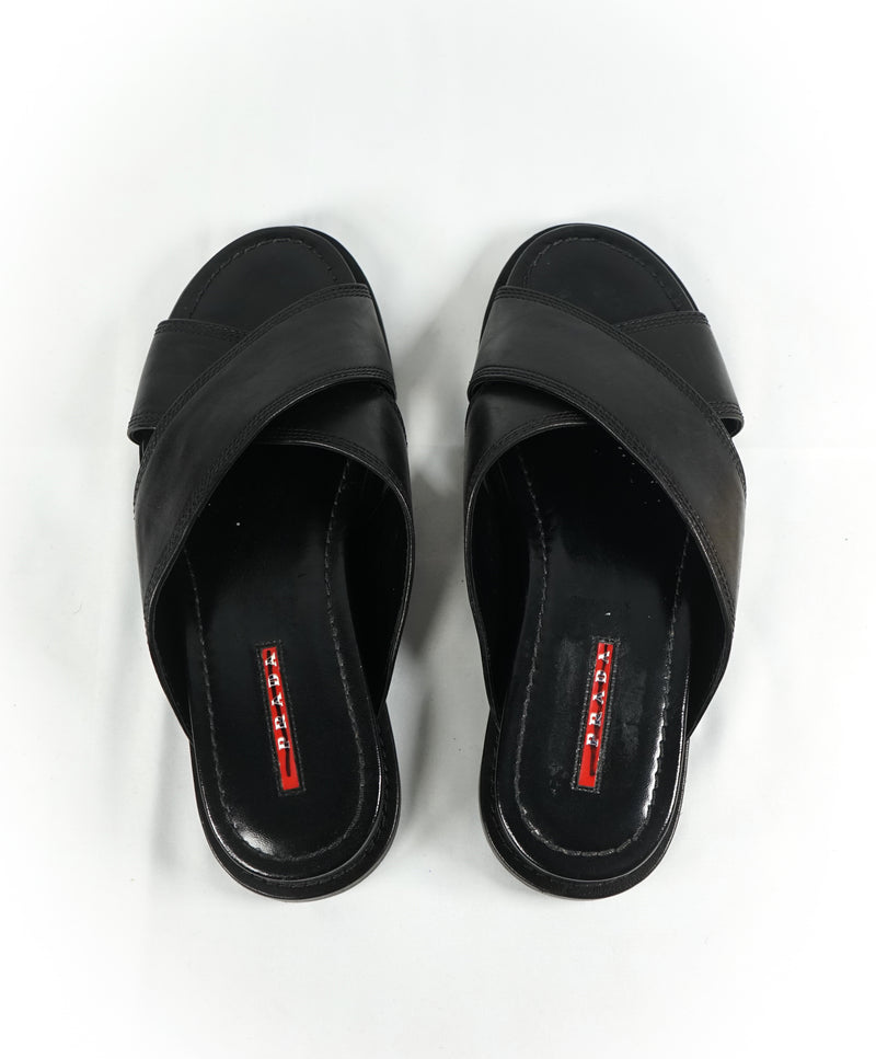 PRADA - Linea Rossa Black Crisscross Raised Leather Slide Sandals - 8.5