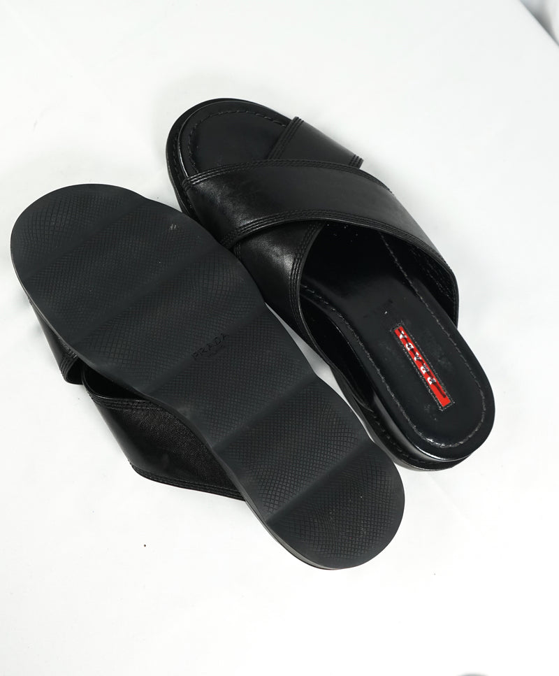 PRADA - Linea Rossa Black Crisscross Raised Leather Slide Sandals - 8.5