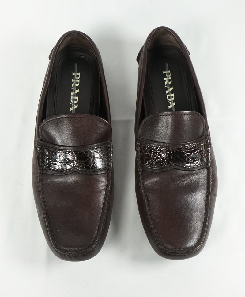 PRADA Genuine Crocodile Skin Strap Driving Loafers Brown 10.5 Luxe Hanger