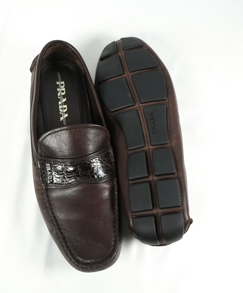 PRADA - Genuine Crocodile Skin Strap Driving Loafers Brown - 10.5