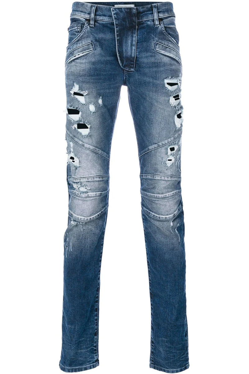 $820 PIERRE BALMAIN - Blue Distressed Biker Jeans *NWD* - 34W