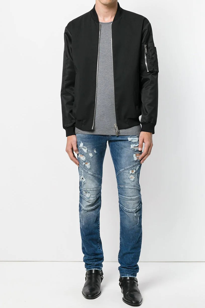 $820 PIERRE BALMAIN - Blue Distressed Biker Jeans *NWD* - 34W