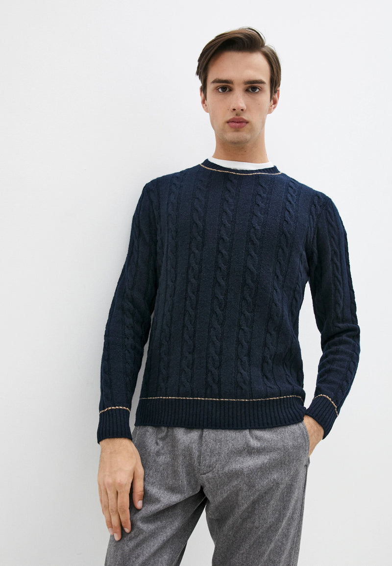 $645 ELEVENTY - CASHMERE / Wool Cable Knit Crewneck Blue Sweater - XL