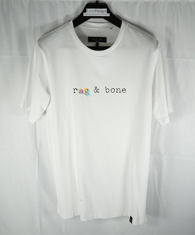 Rag & Bone - “Tri-Color Logo” Cotton White Crew Neck Tee - S