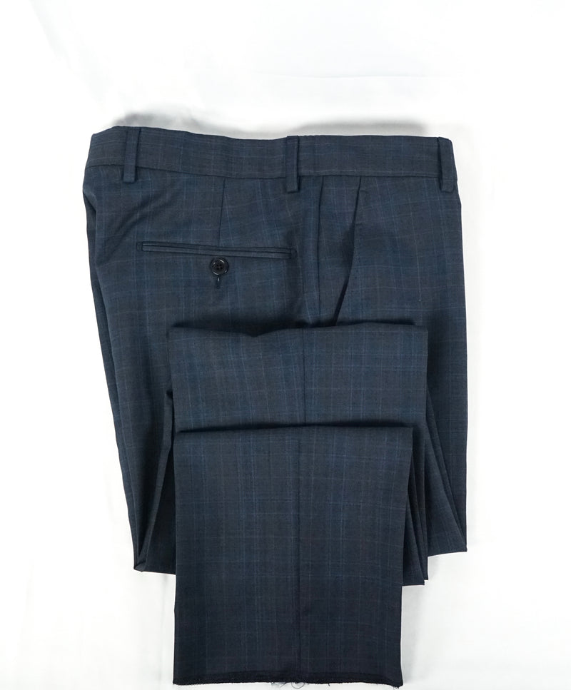 SAKS FIFTH AVE - Abstract Plaid Medium Blue Flat Front Dress Pants - 32W
