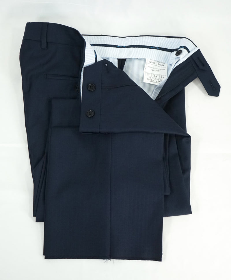 SAKS FIFTH AVE -Made in ITALY Medium Blue Herringbone Flat Front Dress Pants- 32W