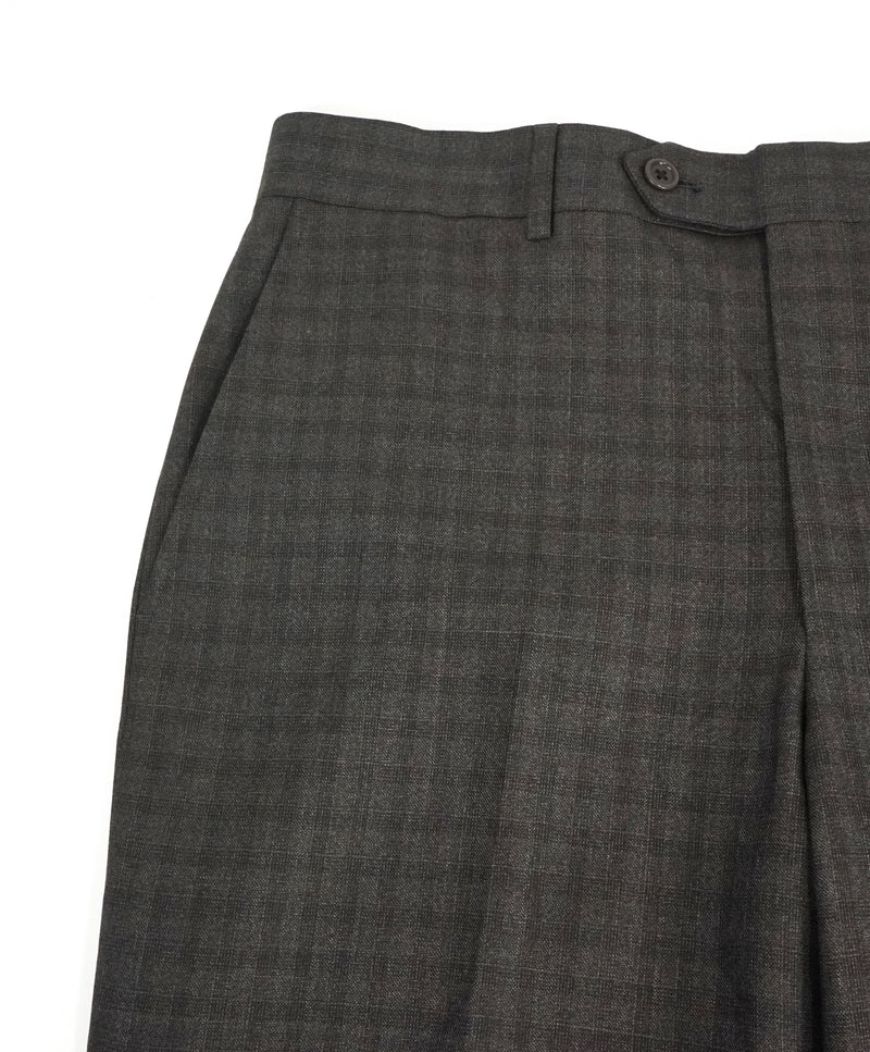 SAKS FIFTH AVE - Brown Wool MADE IN ITALY Plaid Check Flat Front Dress Pants - 34W