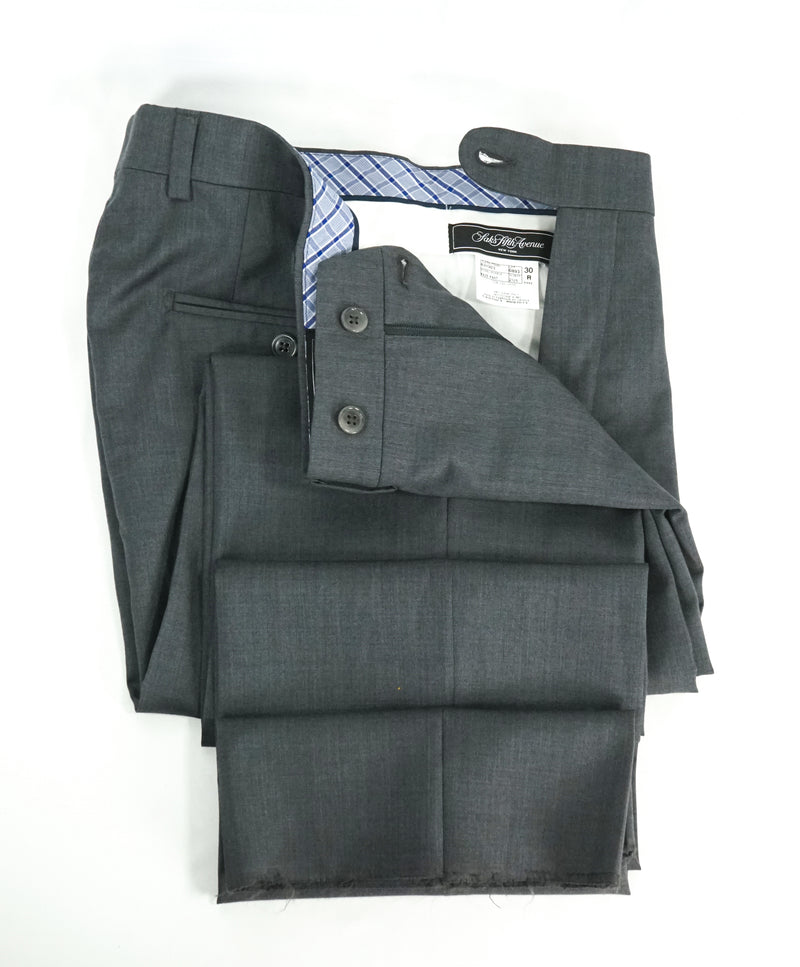 SAKS FIFTH AVE - Super 100's Gray Solid Made In Canada Flat Front Dress Pants - 30W