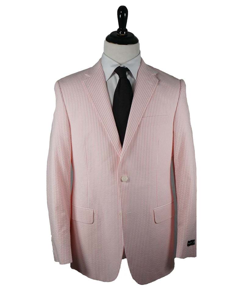 SAKS 5TH AVE BY HICKEY FREEMAN - Ivory & Pink Seersucker Striped Blazer -  40R
