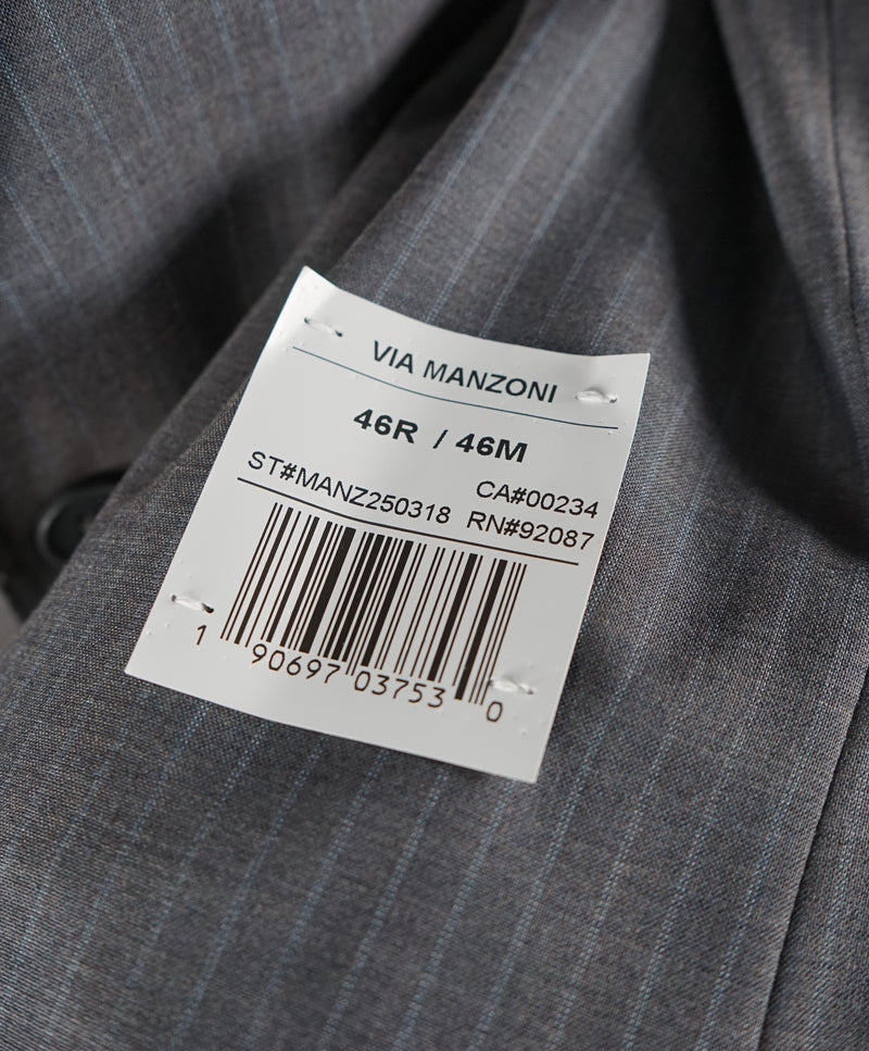SAKS FIFTH AVENUE - Trim Fit Gray & Blue Stripe Wool Suit - 46R