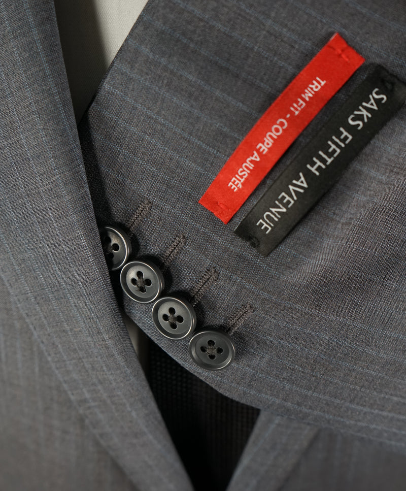 SAKS FIFTH AVENUE - Trim Fit Gray & Blue Stripe Wool Suit - 46R