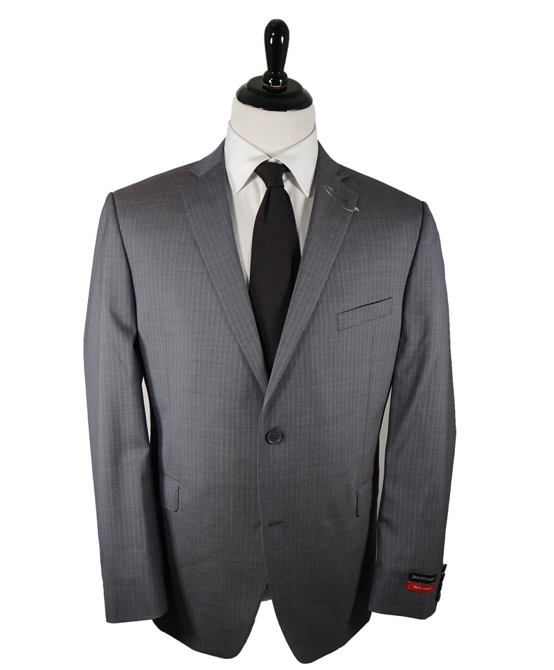 SAKS FIFTH AVENUE - Trim Fit Gray & Blue Stripe Wool Suit - 46R