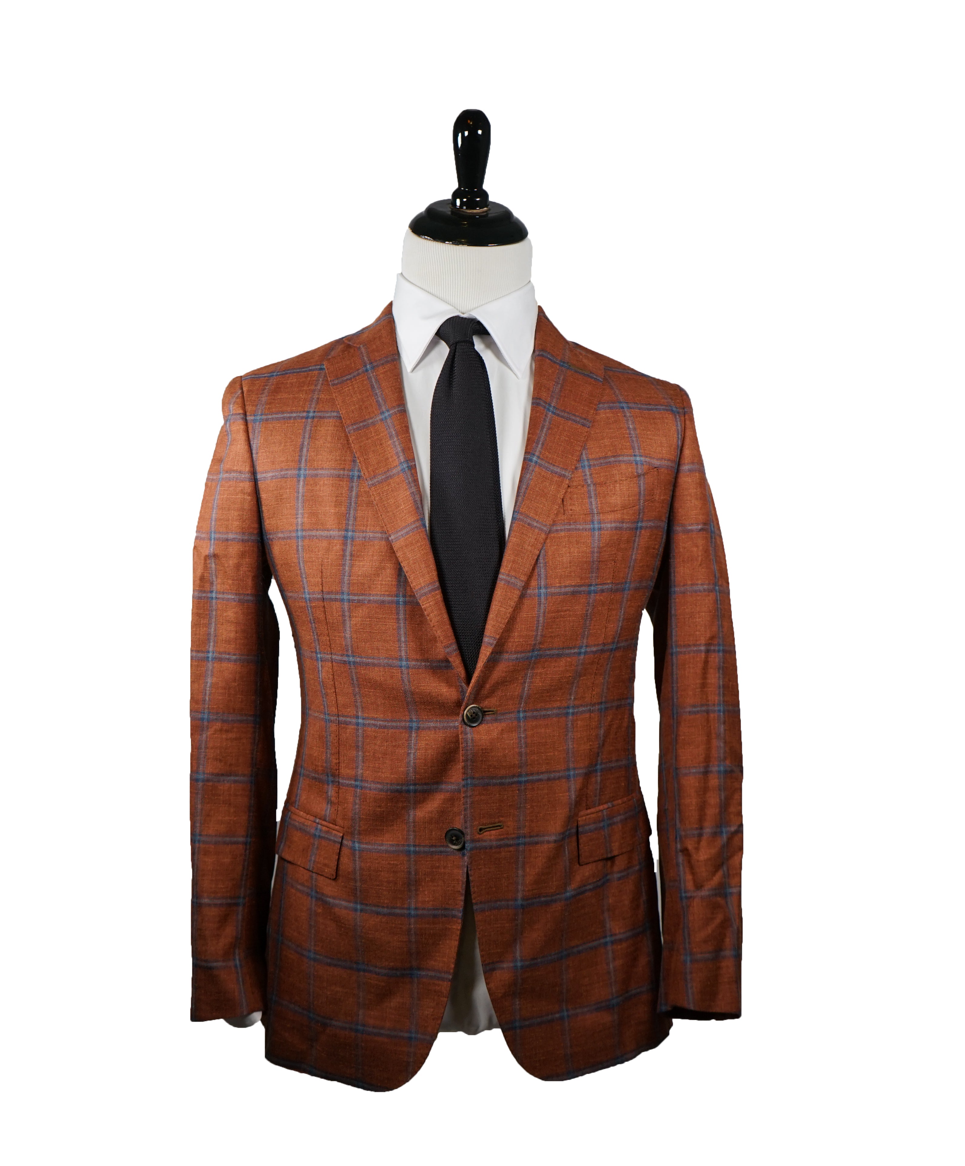 SAKS FIFTH AVENUE / LORO PIANA - “SummerTime” Fabric Slim Orange/Blue Plaid Blazer- 40R