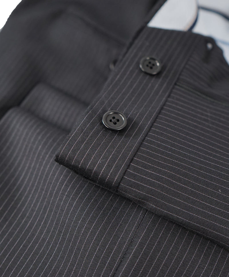 SAKS FIFTH AVE - Black Stripe Wool MADE IN ITALY Flat Front Dress Pants - 34W