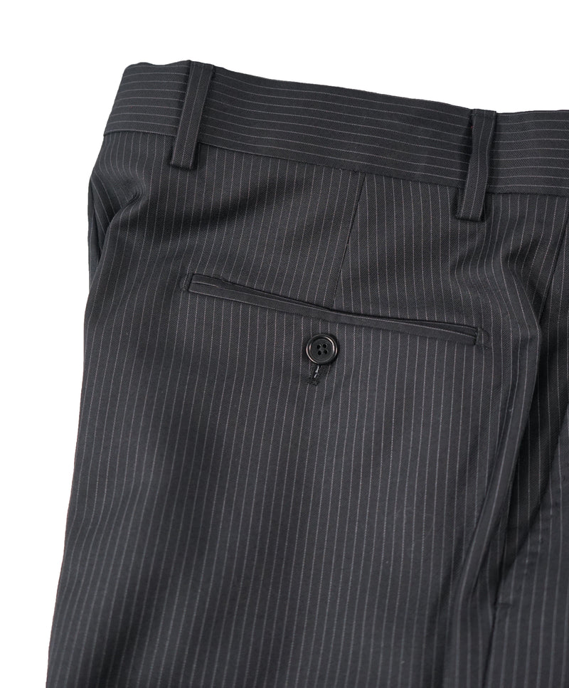 SAKS FIFTH AVE - Black Stripe Wool MADE IN ITALY Flat Front Dress Pants - 34W