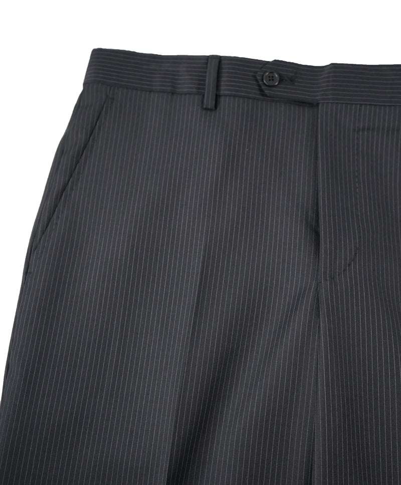 SAKS FIFTH AVE - Black Stripe Wool MADE IN ITALY Flat Front Dress Pants - 34W
