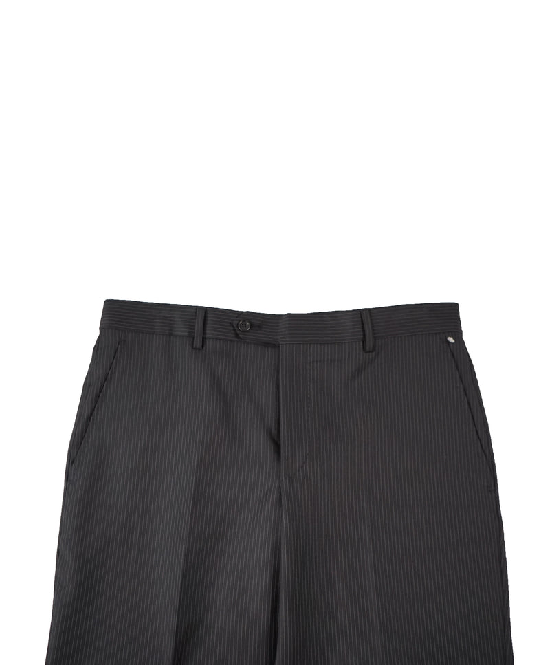 SAKS FIFTH AVE - Black Stripe Wool MADE IN ITALY Flat Front Dress Pants - 34W